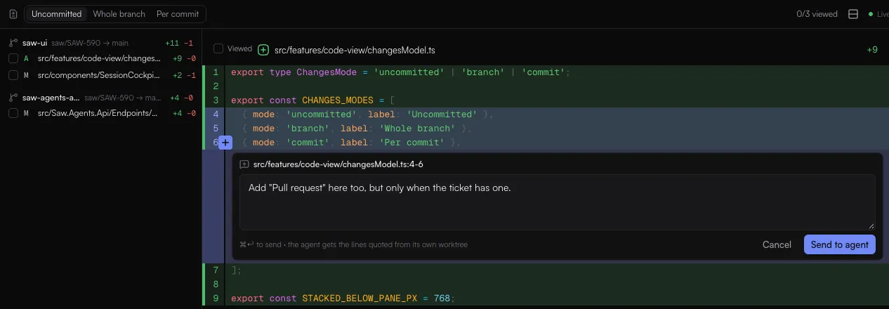 Changes in Uncommitted mode: the file list of two repos on the left, and a line comment card open under lines 4 to 6 of a file, with Cancel and Send to agent