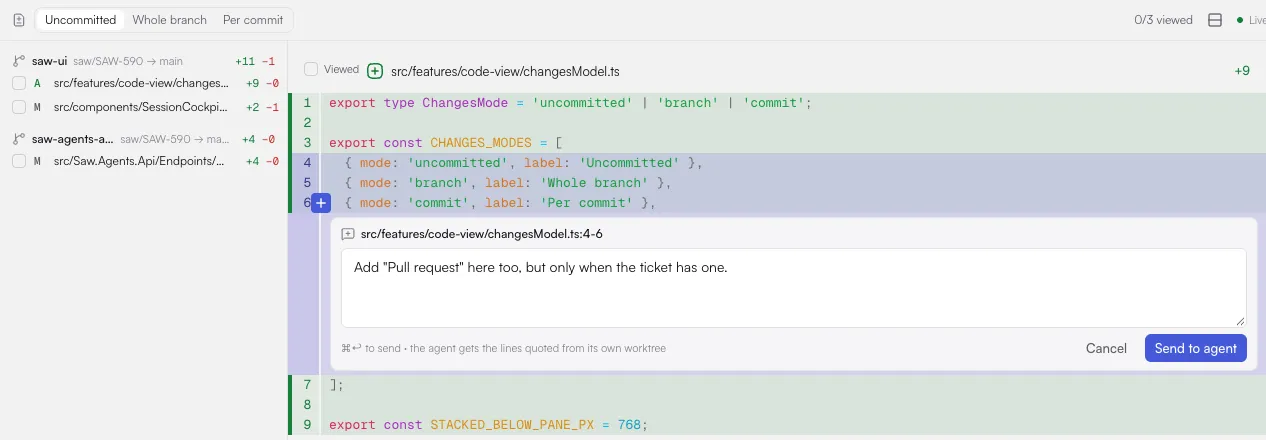 Changes in Uncommitted mode: the file list of two repos on the left, and a line comment card open under lines 4 to 6 of a file, with Cancel and Send to agent