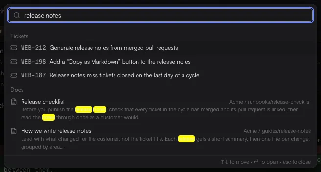 The command palette searching for release notes, with three matching tickets under Tickets and two pages under Docs, each page showing its space and path and the matching words highlighted