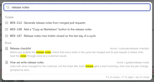 The command palette searching for release notes, with three matching tickets under Tickets and two pages under Docs, each page showing its space and path and the matching words highlighted