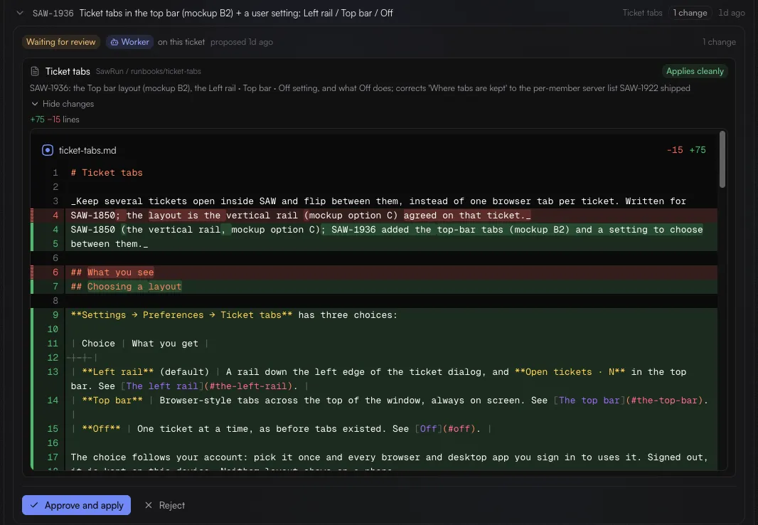 A proposed edit on the Review tab: Waiting for review, from a Worker, with one change to the Ticket tabs page marked Applies cleanly, its diff, and Approve and apply and Reject buttons