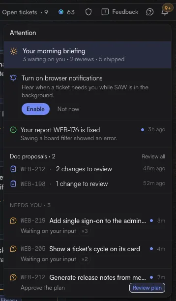 The bell's Attention panel: the morning briefing, a prompt to turn on browser notifications, a fixed report, two doc proposals, and three tickets under Needs you, the last with a Review plan button